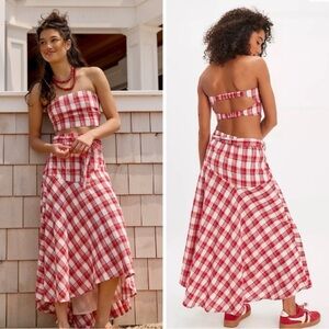 Red Plaid High-Low Midi Skirt - free people